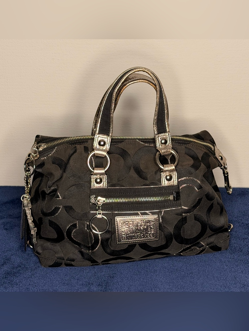 Coach Black Signature Satchel with Metallic Silver Trim